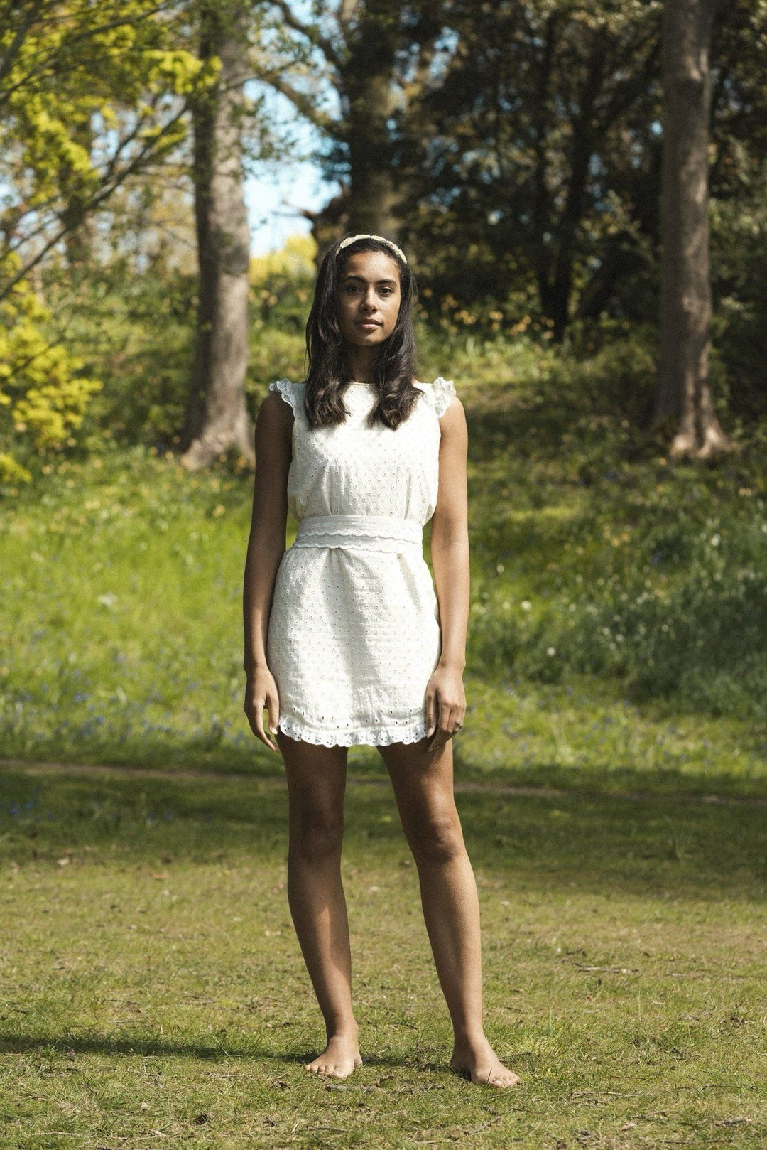White broderie anglaise short reversible dress with a detachable black bow Dress Hannah Sophia England 