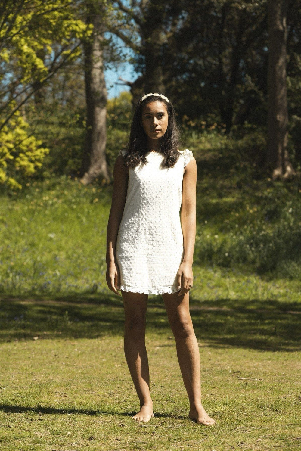 White broderie anglaise short reversible dress with a detachable black bow Dress Hannah Sophia England 
