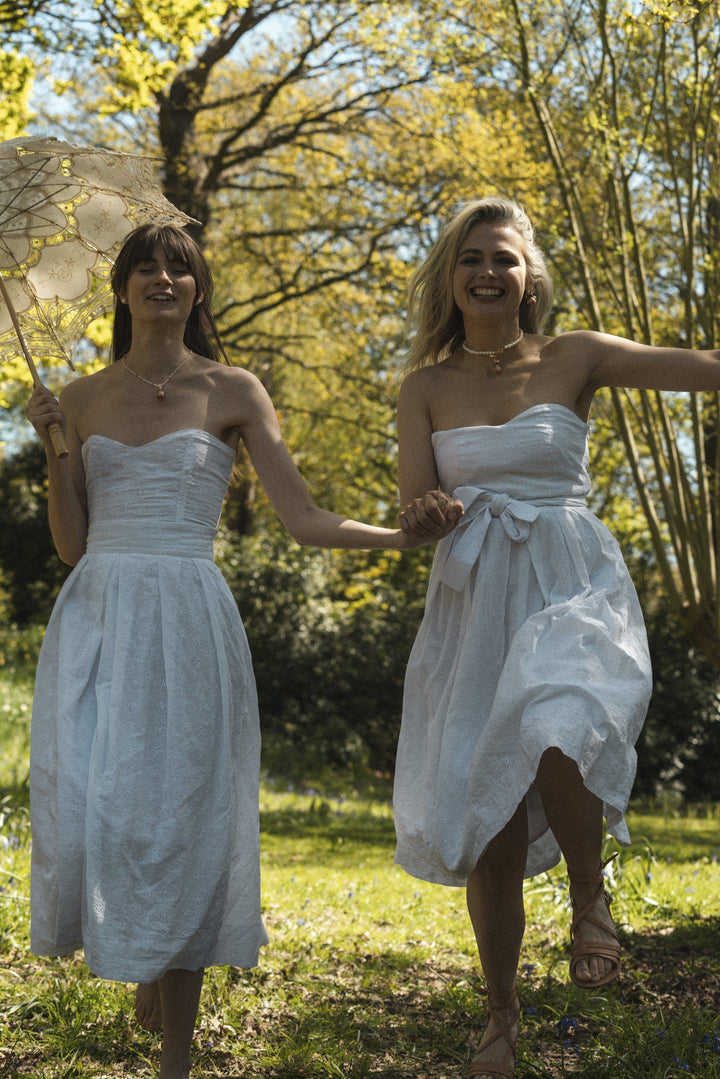 White sweetheart broderie anglaise midi dress with detachable sleeves Dress Hannah Sophia England 